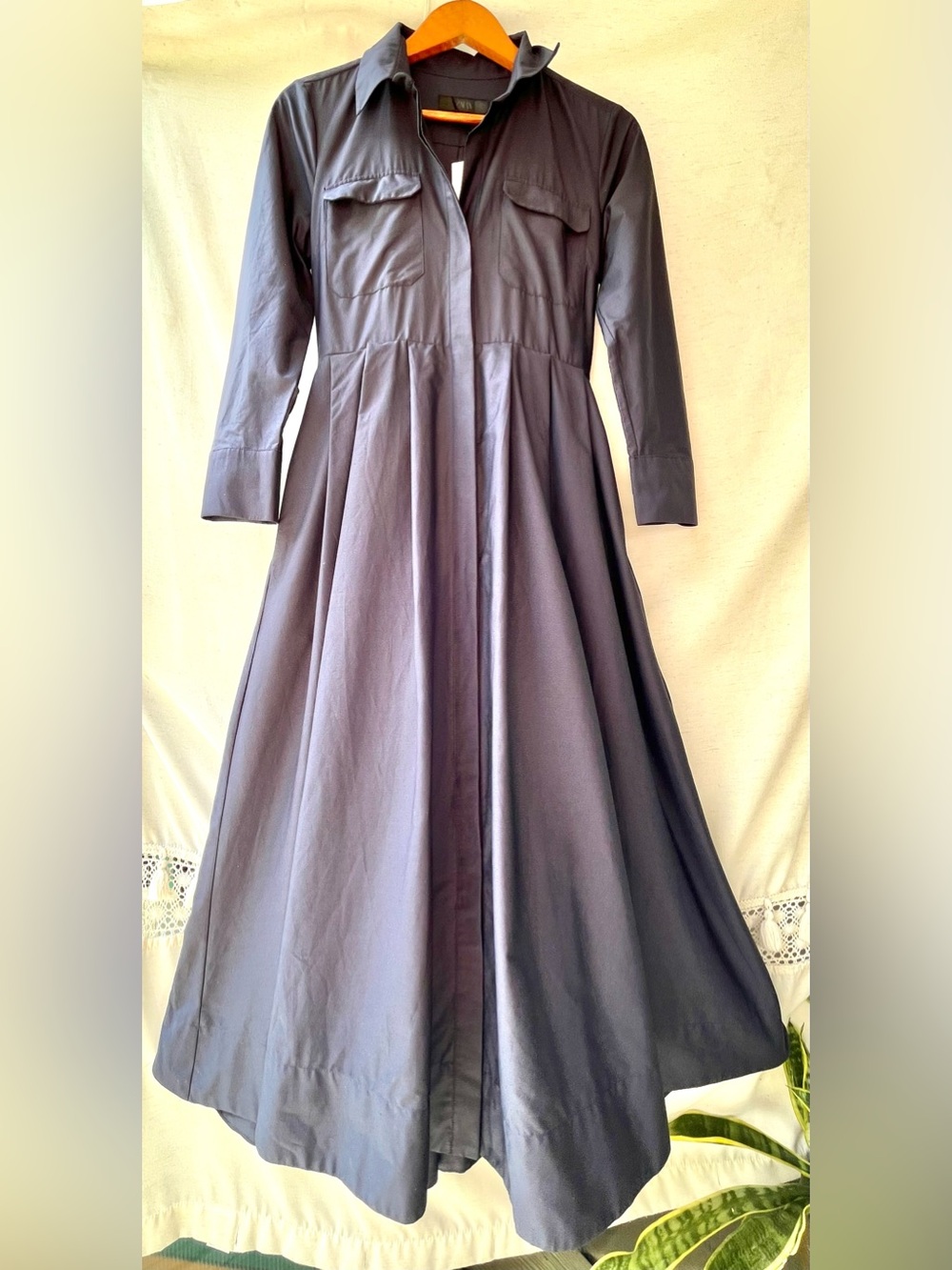 Zara Cotton Poplin Navy Shirt Dress Long Sleeves Turn-Down Collar Pockets Small - Picture 9 of 14